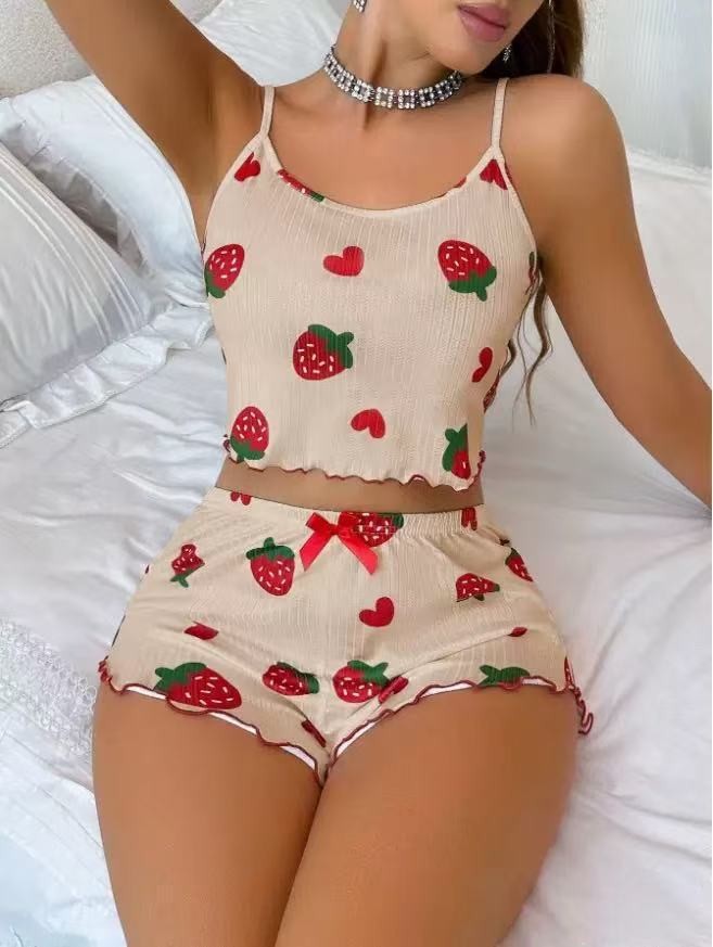 Cute Printed Camisole Pajama Set, Sweet Sleeveless Cartoon Japanese Style Loungewear For Women