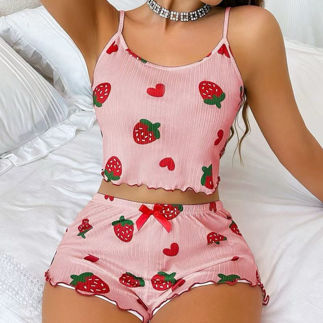 Cute Printed Camisole Pajama Set, Sweet Sleeveless Cartoon Japanese Style Loungewear For Women