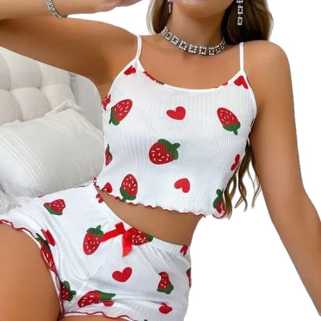 Cute Printed Camisole Pajama Set, Sweet Sleeveless Cartoon Japanese Style Loungewear For Women