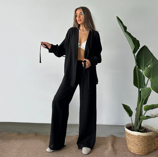 Breathable Loungewear Long-Sleeve Pants Pajama Set For Women