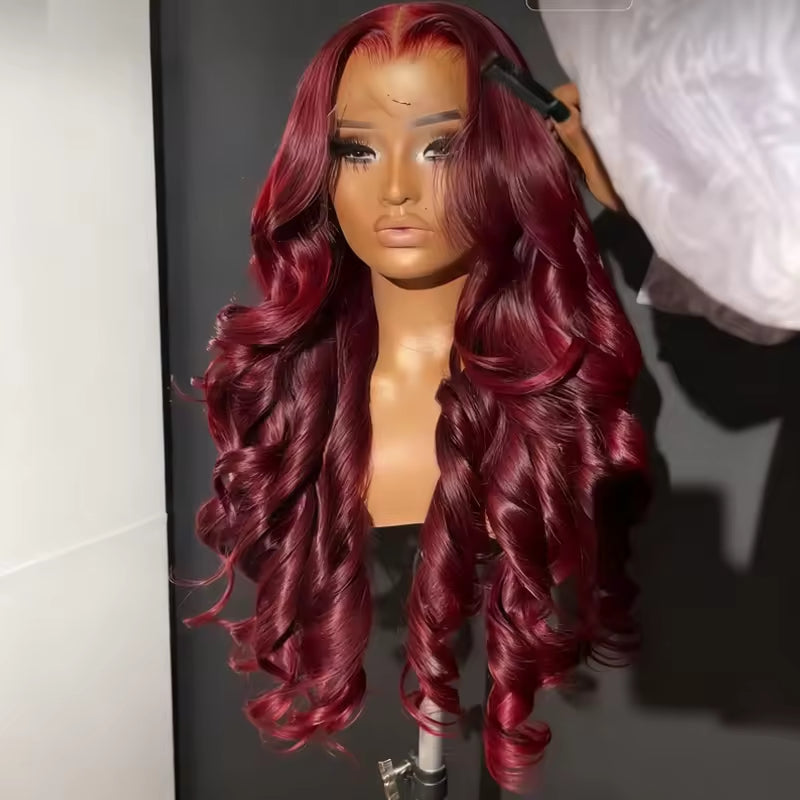 13x6 Human Hair Lace Wig, High-Definition Burgundy Lace Wig, Human Hair With Aligned Cuticle Layer, Indian Hair Wig