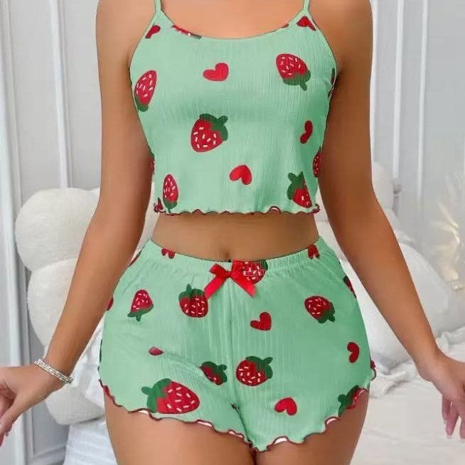 Cute Printed Camisole Pajama Set, Sweet Sleeveless Cartoon Japanese Style Loungewear For Women
