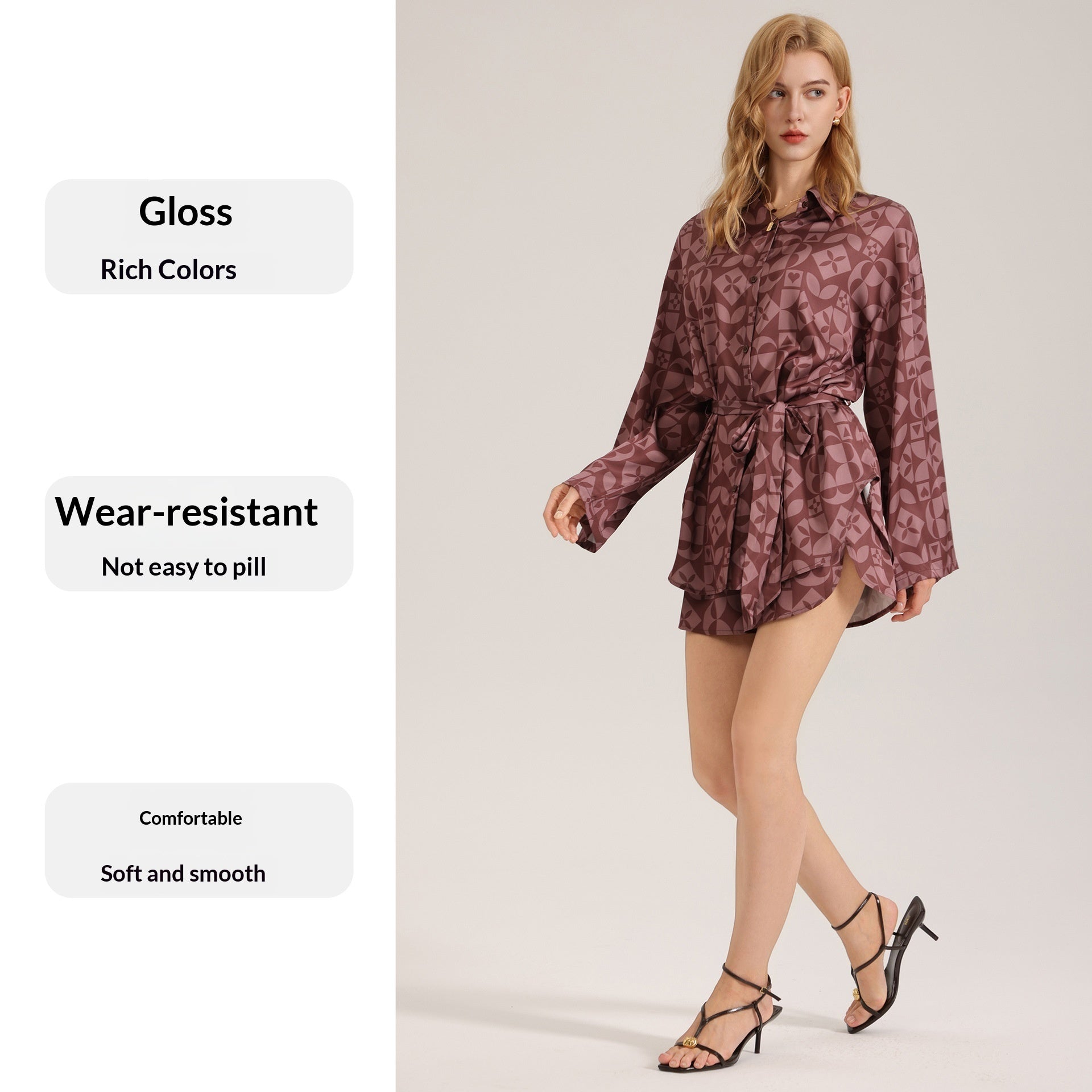 Retro-style Satin Long-sleeve Shorts Set For Women Fashionable Geometric-print Pajamas And Loungewear