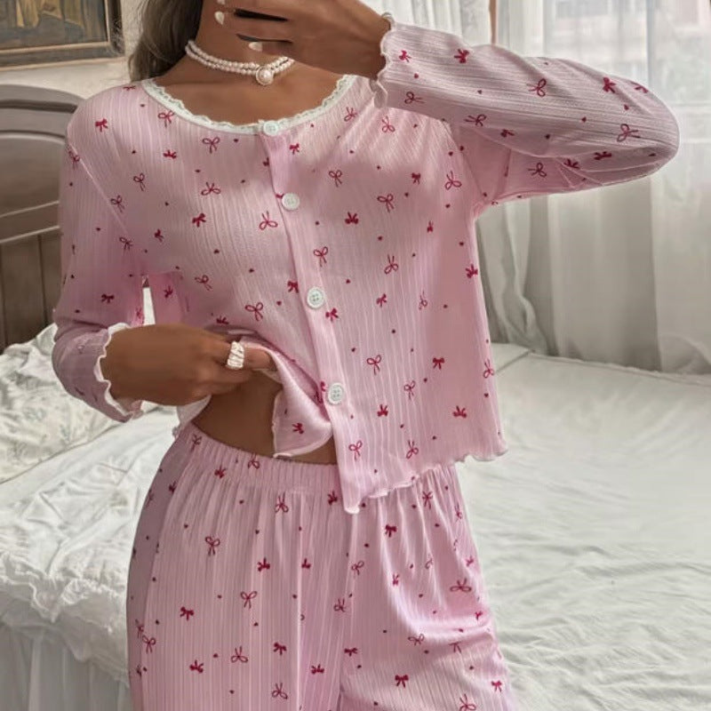 Lace-trimmed Single-breasted Printed Loungewear Two-piece Set For Women
