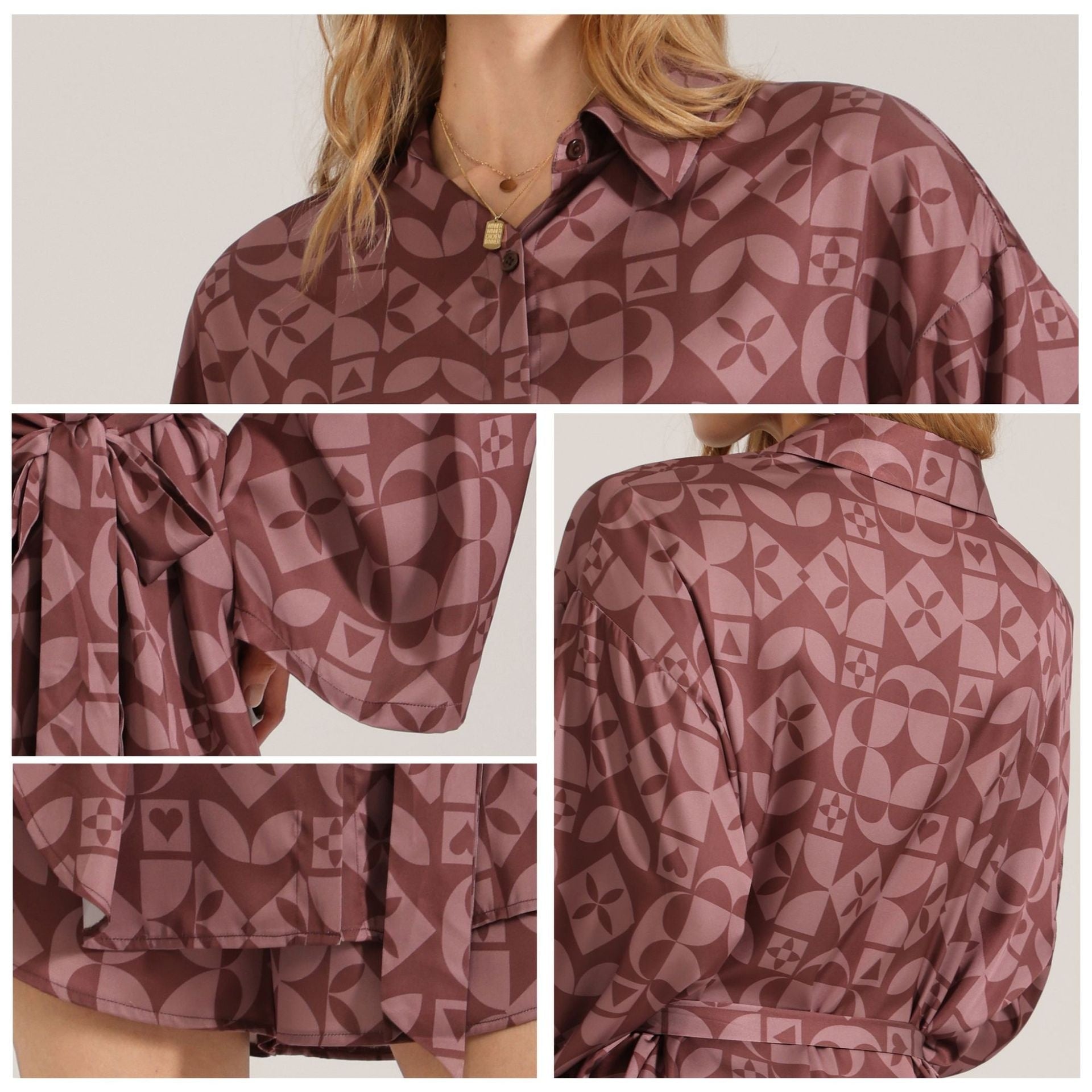 Retro-style Satin Long-sleeve Shorts Set For Women Fashionable Geometric-print Pajamas And Loungewear