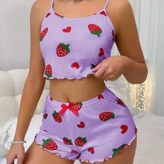 Cute Printed Camisole Pajama Set, Sweet Sleeveless Cartoon Japanese Style Loungewear For Women